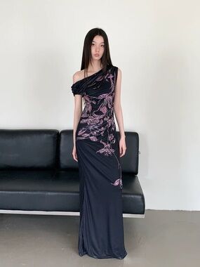 Asymmetric One-Shoulder Black Dress with Pink Floral Print